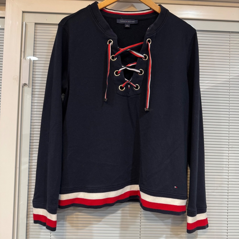 Tommy Hilfiger Womens Navy Blue Lace Up Sweatshirt Striped Hem TJIKGK059C L